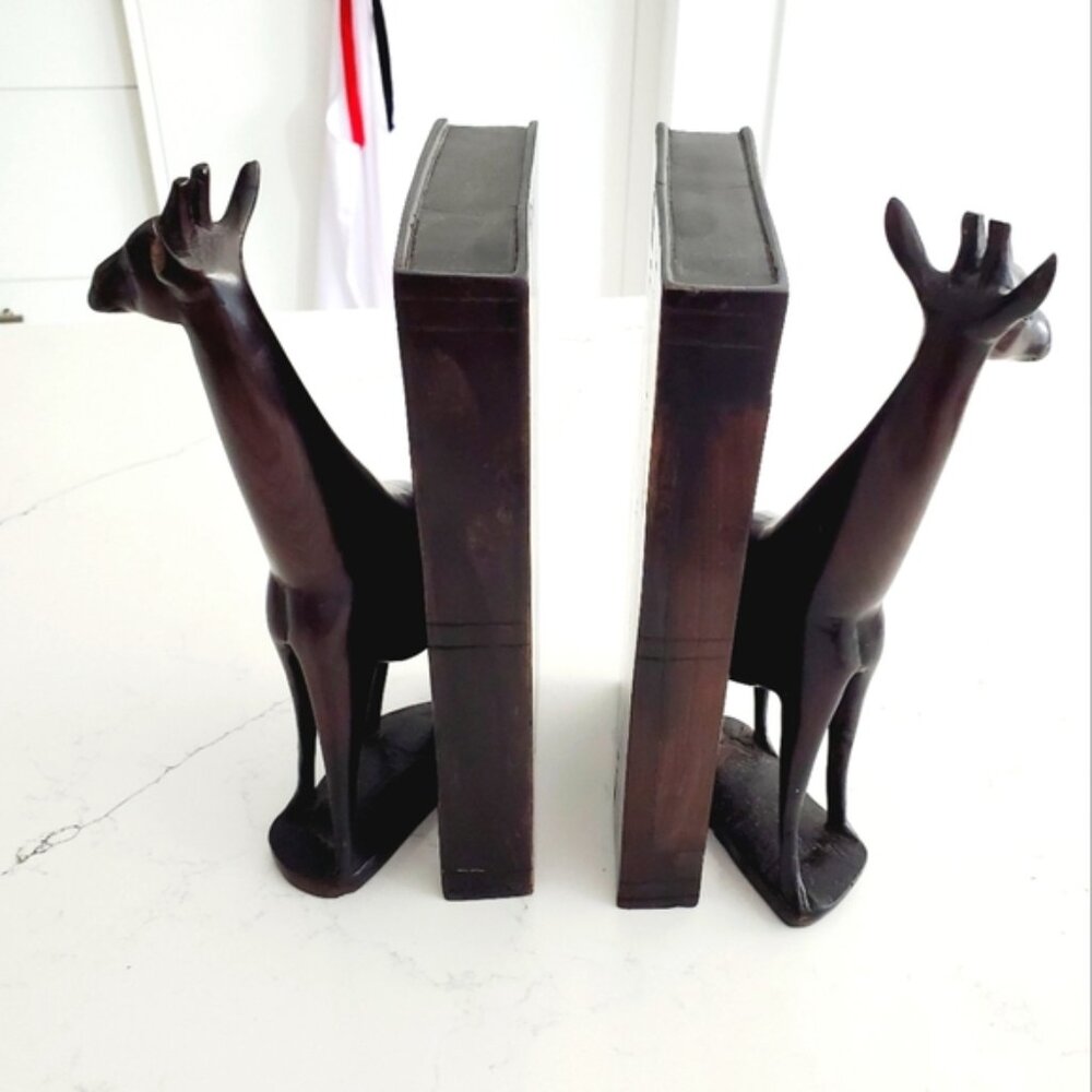 Ebony African Hand Carved Giraffe Bookends Vintage 1970 Rare Traditional Tribal